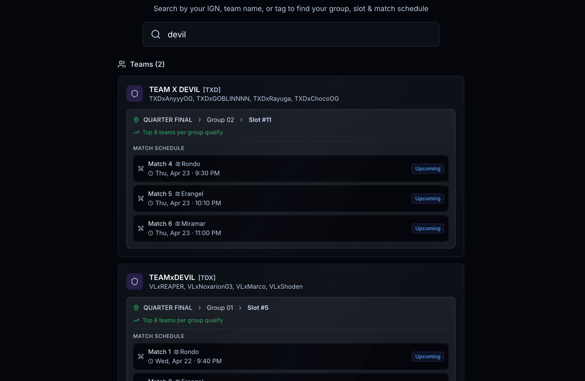 Public BGMI tournament page — players search their slot and view schedule