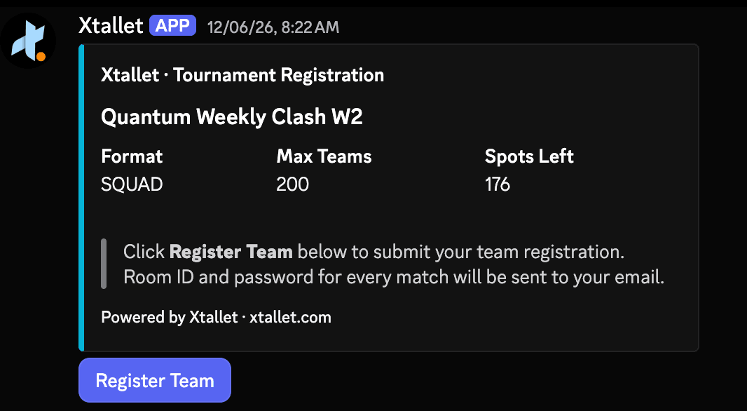 Xtallet Discord bot — tournament registration and room credential delivery